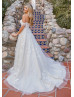 Beaded Ivory Lace Glitter Tulle Boho Princess Wedding Dress